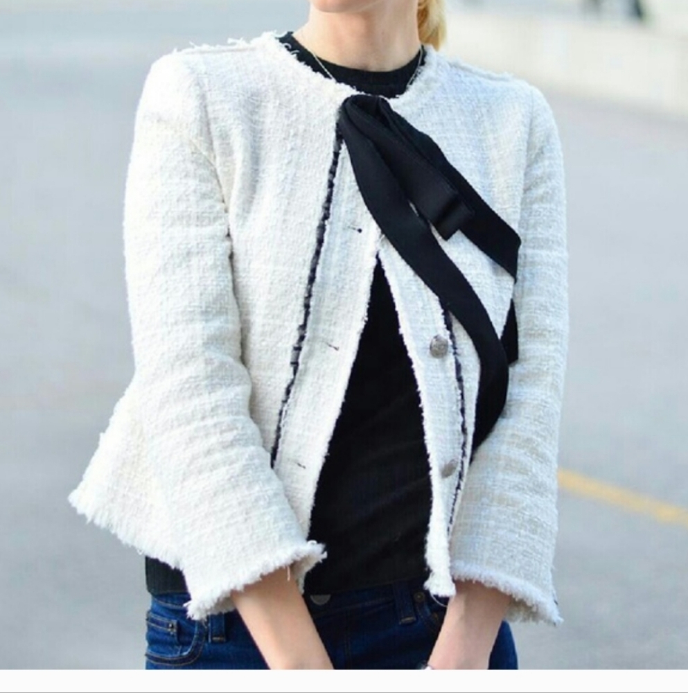 Zara white tweed jacket with black ribbon, sz m, like new